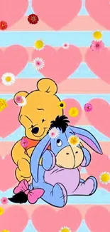 Cute cartoon characters on heart background wallpaper.