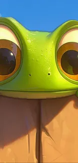 Cute green cartoon frog with big eyes on a colorful background.