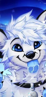 Adorable blue and white furry cartoon character with playful expression.