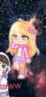 Anime style cartoon characters in a starry galaxy backdrop.