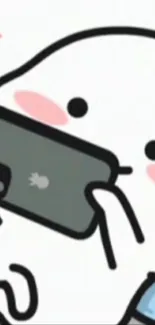 Cartoon character holding a smartphone with blushing cheeks.