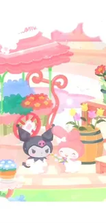 Cartoon garden with cute characters and colorful flowers.