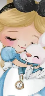 Cartoon girl hugging a bunny in a light blue dress, whimsical mobile wallpaper.