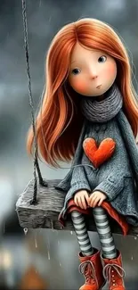 Cartoon girl with red hair on swing, holding a heart.