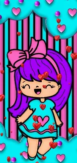 Cute cartoon girl with purple hair and bright hearts.