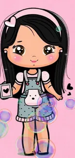 Cute cartoon girl with pastel pink background and adorable design.