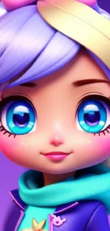 Adorable cartoon girl with big eyes on a purple background, perfect as wallpaper.