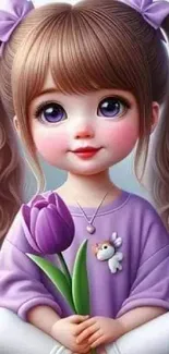 Cute cartoon girl holding a purple tulip with charming expression.