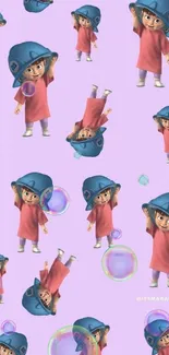 Cute cartoon girl wallpaper on lavender background.