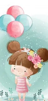 Cartoon girl with balloons and flower headband on teal background.