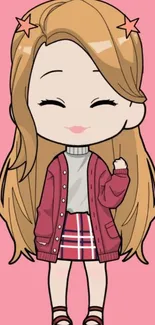 Chibi girl with pink background, wearing a plaid skirt and jacket.