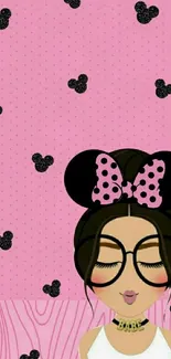 Cute pink cartoon wallpaper with stylish character wearing glasses.