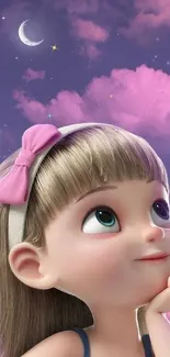 Cute cartoon girl with pink bow under purple sky with crescent moon.