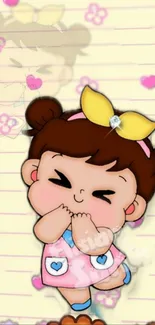 Cute cartoon girl with yellow bow and pink hearts wallpaper.