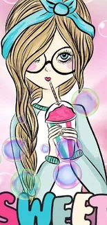 Cute cartoon girl holding a drink with bright colors.