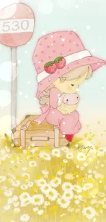 Cute cartoon girl in a pink hat sitting in a field of flowers.