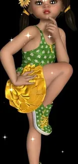 Cartoon girl in green and yellow on black background.