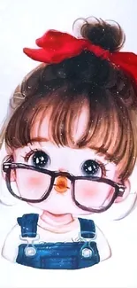 Cute cartoon girl with glasses and red bow on white background.