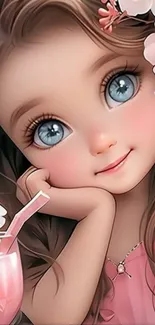 Cute cartoon girl with blue eyes and pink flowers in pastel tones.