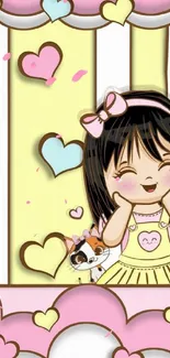 Cute cartoon girl with hearts in pastel colors.