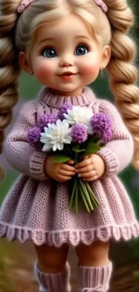 Cute cartoon girl with flowers in a pink dress, smiling.