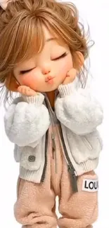 Cute cartoon girl with cozy outfit, pouting.