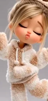 Cute cartoon girl with fluffy outfit in beige tones.