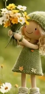 Cute cartoon girl holding flowers, wearing a green dress and hat.