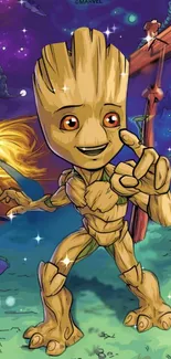 Cute cartoon Groot in a colorful galaxy setting.