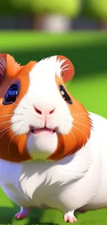 Cute cartoon guinea pig with lush green background.