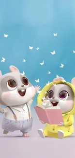 Adorable cartoon hamsters with butterflies on a light blue background.