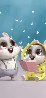 Cartoon hamsters reading with butterflies in a colorful background.