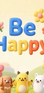 Cute cartoon wallpaper with 'Be Happy' text and colorful characters.