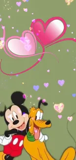 Cartoon wallpaper with pink hearts and cute characters on an olive green background.