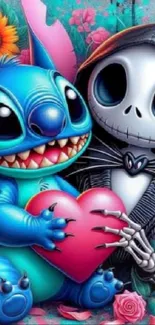 Cute cartoon characters holding a heart on colorful wallpaper.