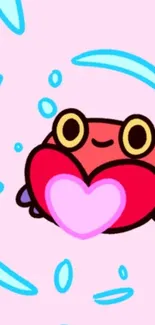 Cute cartoon frog with heart design on a pink background.