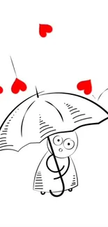 Cute cartoon character with umbrella and falling hearts on white background.