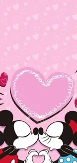 Cartoon character kissing under pink hearts.