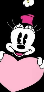 Cute cartoon character with pink heart on black background.