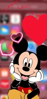 Cartoon character with heart design on a red mobile wallpaper.