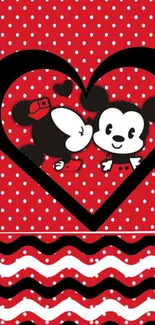 Cute cartoon characters in a heart on red polka dot background.