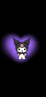 Cute cartoon in a glowing purple heart on a black backdrop.