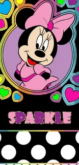 Cartoon character with hearts and sparkle theme in vibrant colors.