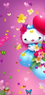 Colorful cartoon heart wallpaper with cute characters and flowers on a pink background.