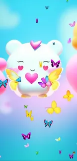 Cute cartoon character with hearts and butterflies on a vibrant background.