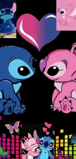 Cute pink and blue cartoons with heart on dark background.