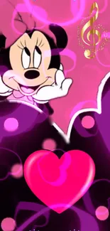 Cartoon character, pink heart, musical note on a vibrant wallpaper.