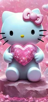 Cute cartoon cat holding a pink heart