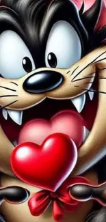 Cute cartoon character holding a heart.