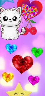 Cute cartoon kitten with colorful hearts in vibrant wallpaper.